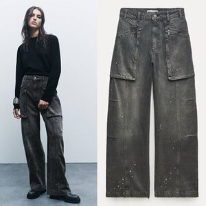 New Zara $89 Mid Rise Loose Fit Splatter Oversized Cargo Jeans 2553/243